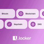 Words associated with Web3 floating in pill boxes, the .locker logo underneath.